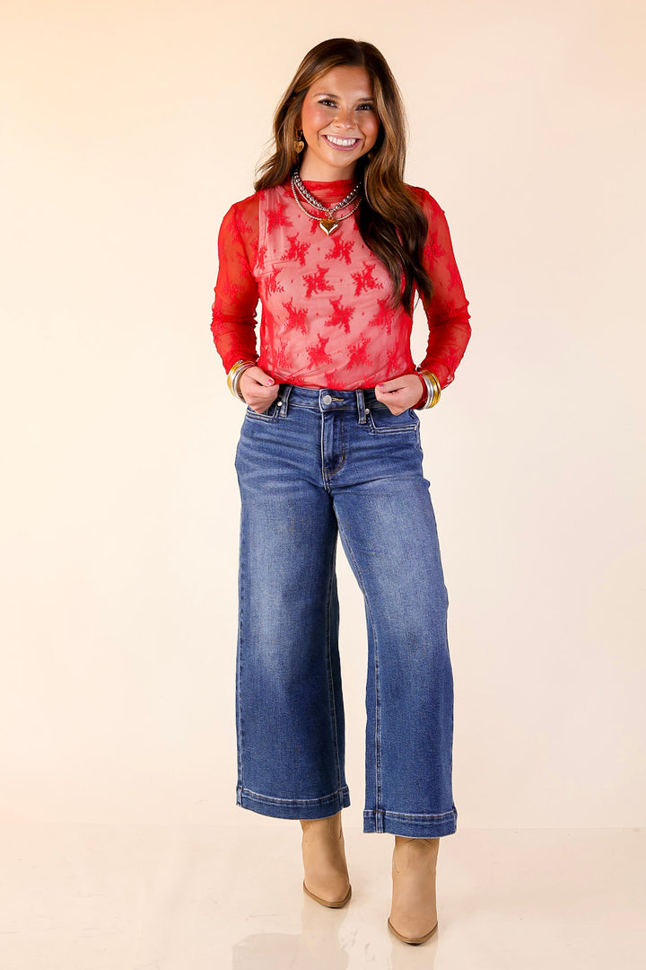 Daringly Delicate Sheer Mock Neck Long Sleeve Lace Top in Red