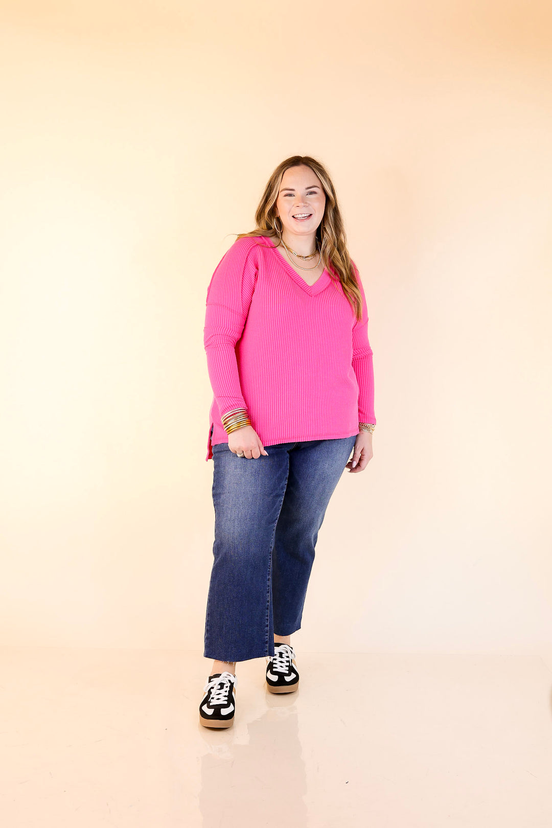 Daily Perfection V-Neck Long Sleeve Ribbed Top in Hot Pink