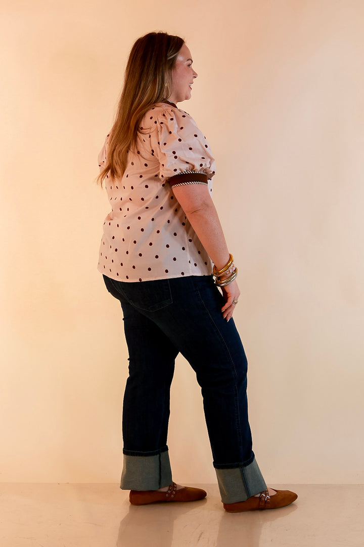 Pop of Polish Short Puff Sleeve Button Front Polka Dot Print Top with Contrast Trim in Ivory and Chocolate Brown
