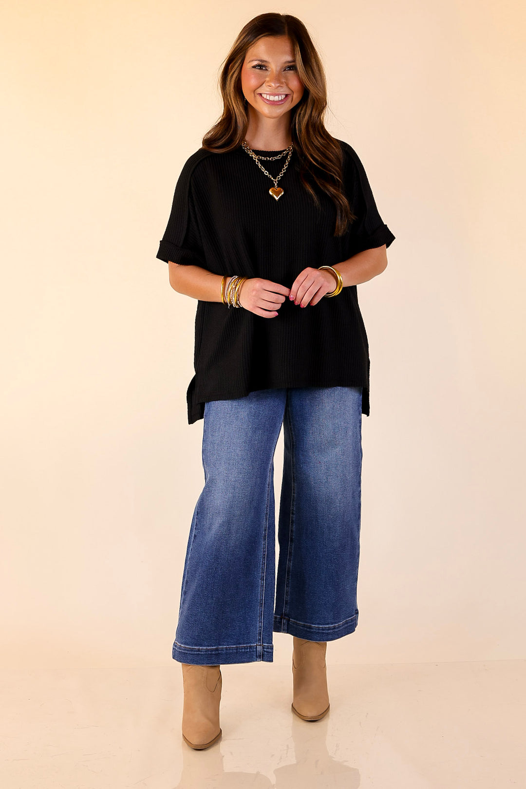 Daily Perfection Scoop Neck Short Sleeve Ribbed Top in Black