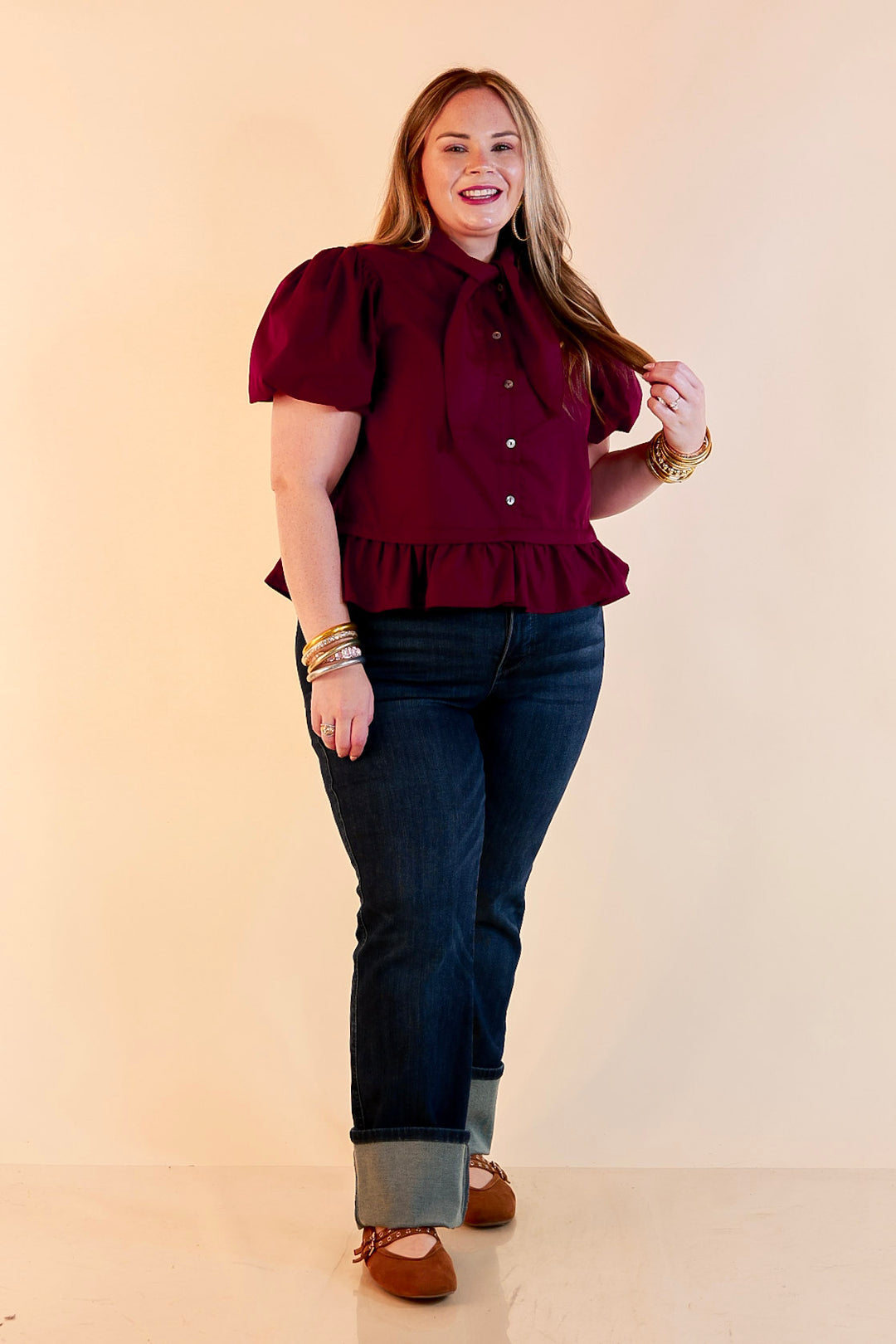 Present Company Solid Button Down Peplum Bubble Sleeve Tie Collar Top in Maroon