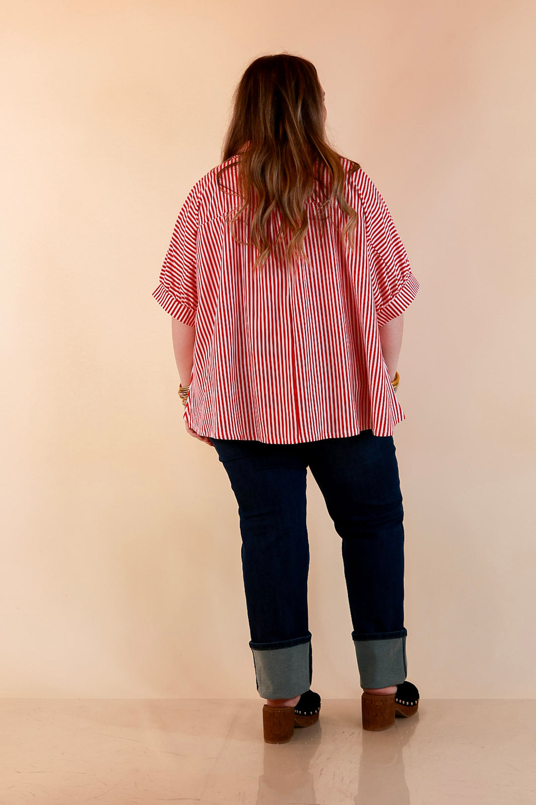 Perfectly Aligned Button Down Collared Top with Vertical Ivory Stripe Detail in Red