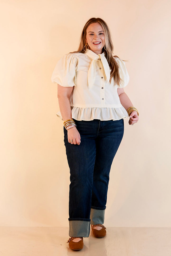 Present Company Solid Button Down Peplum Bubble Sleeve Tie Collar Top in Ivory
