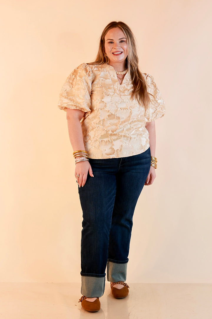 Pretty in Practice Textured Floral Print Puff Sleeve Blouse in Champagne Ivory