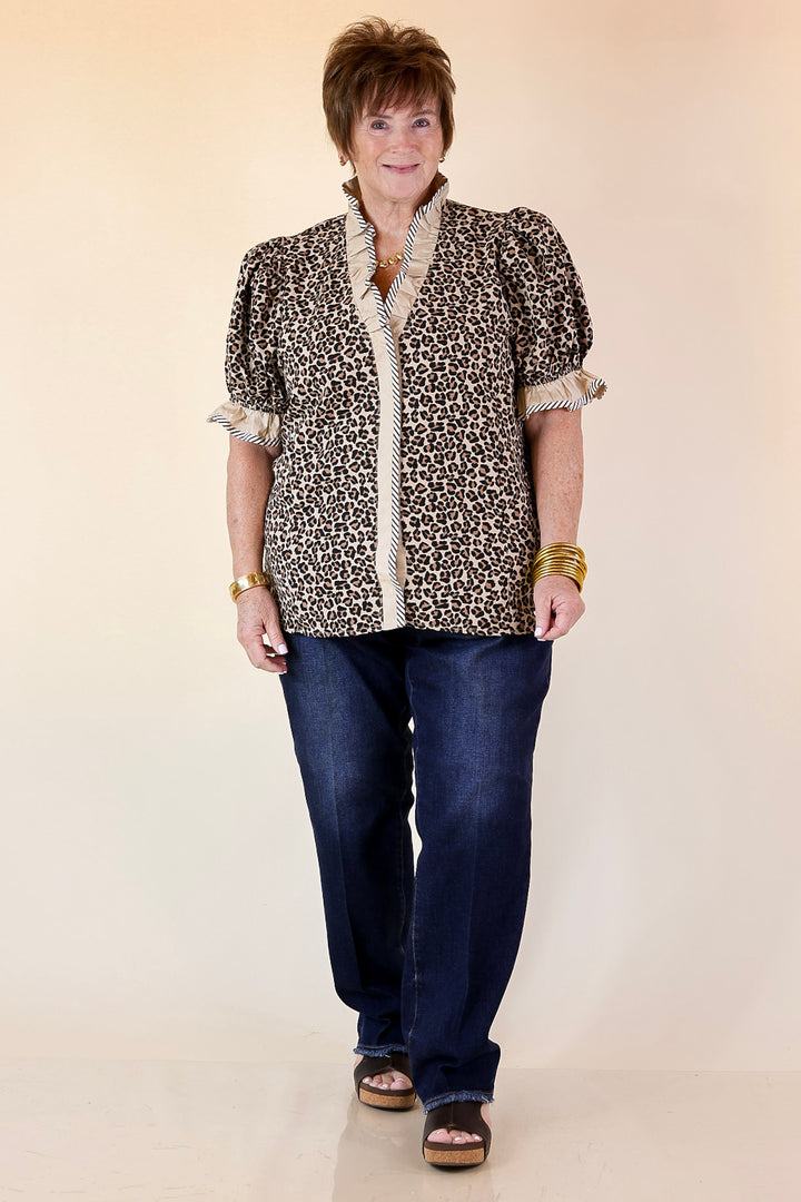 Endless Elegance Ruffled V Neck Leopard Print Top with Stripe Trim in Cream, Brown and Black