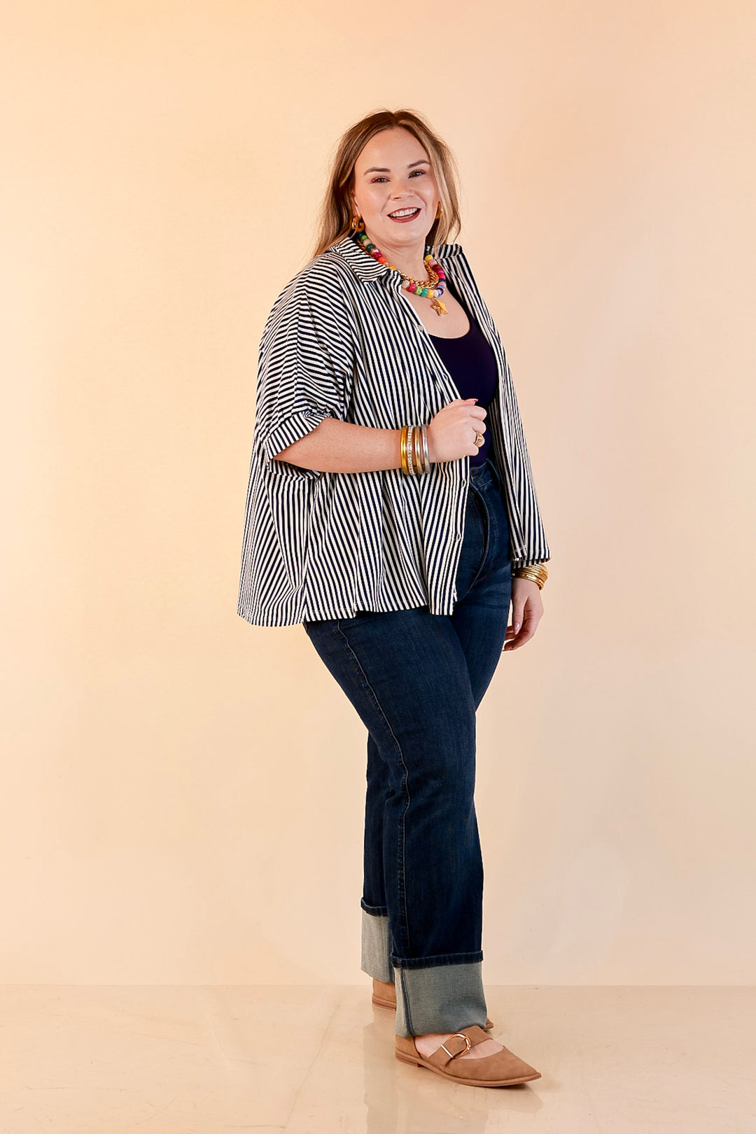 Perfectly Aligned Button Down Collared Top with Vertical Ivory Stripe Detail in Navy Blue