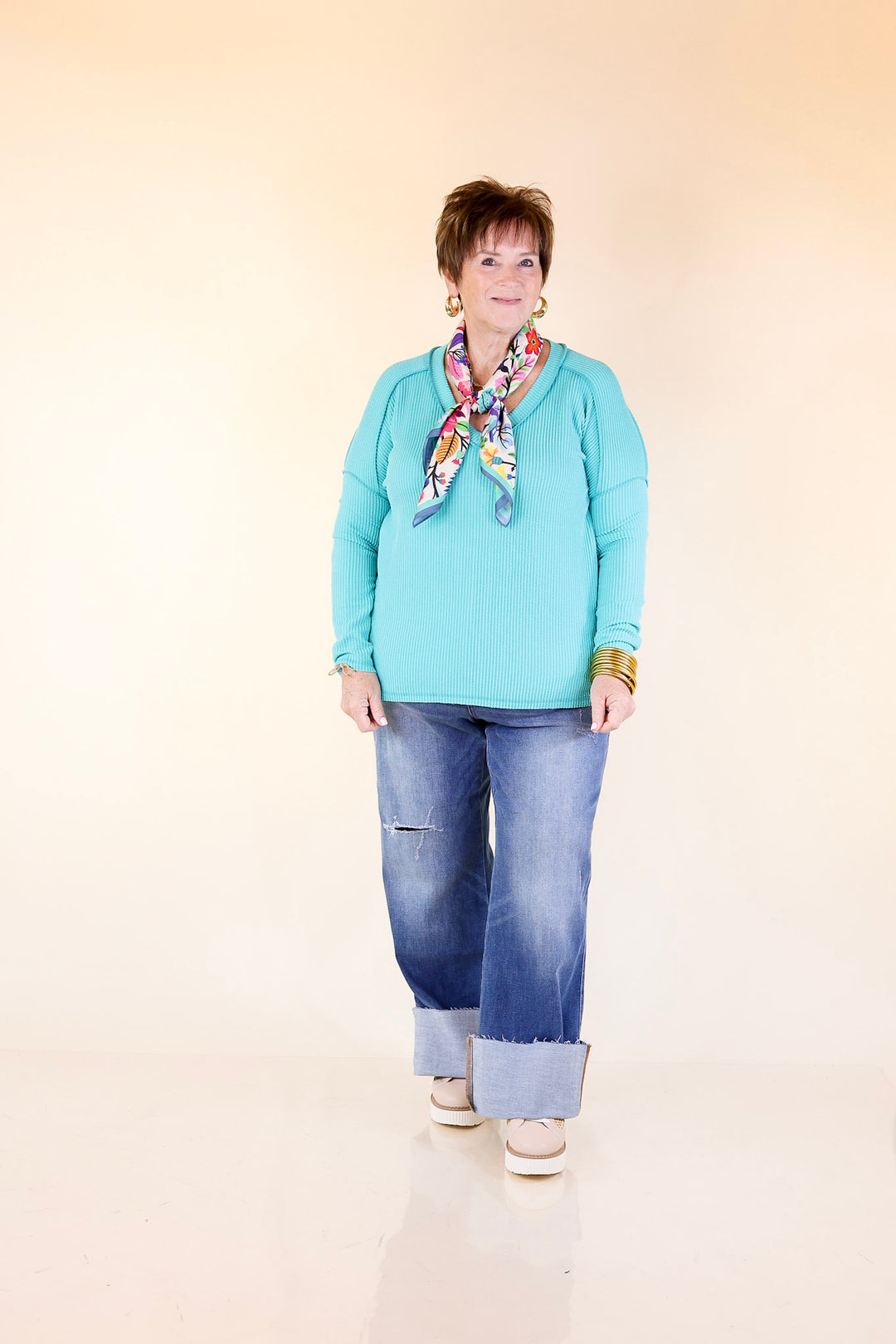 Daily Perfection V-Neck Long Sleeve Ribbed Top in Turquoise Blue
