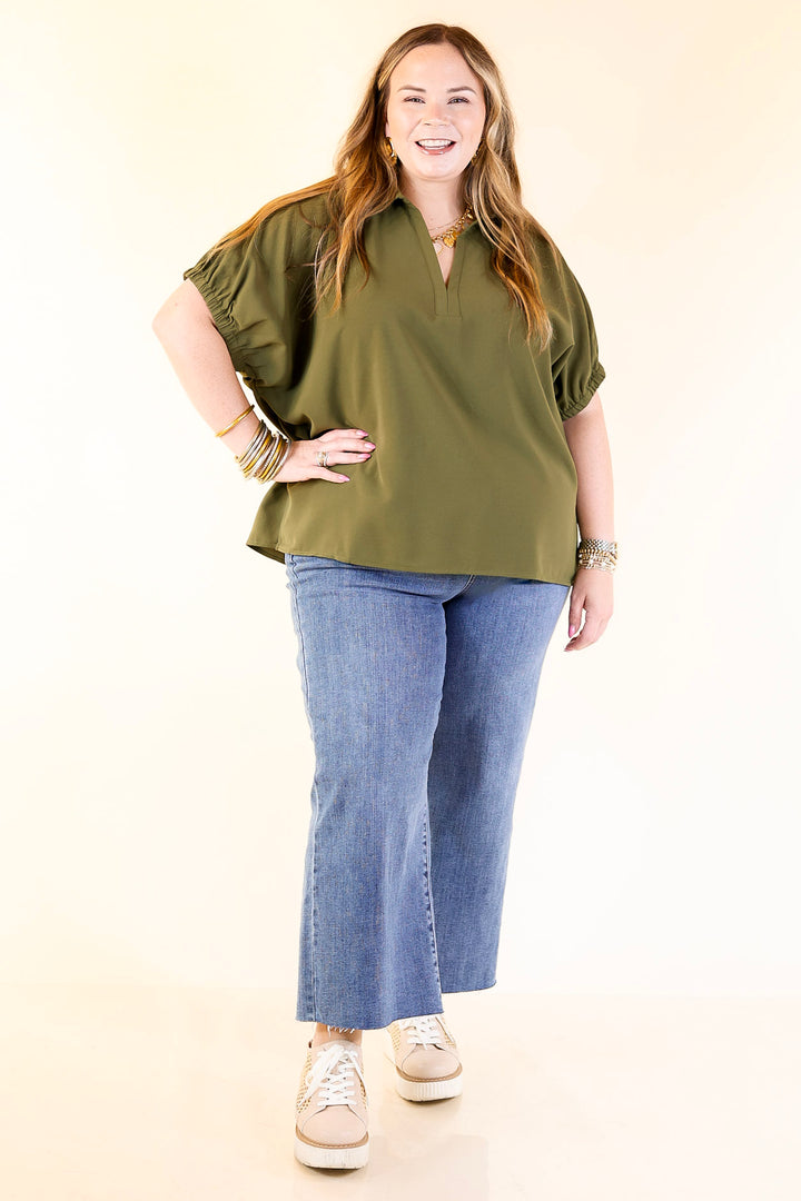 Fresh Start Collared V-Neck Blouse With Drop Shoulder in Olive Green