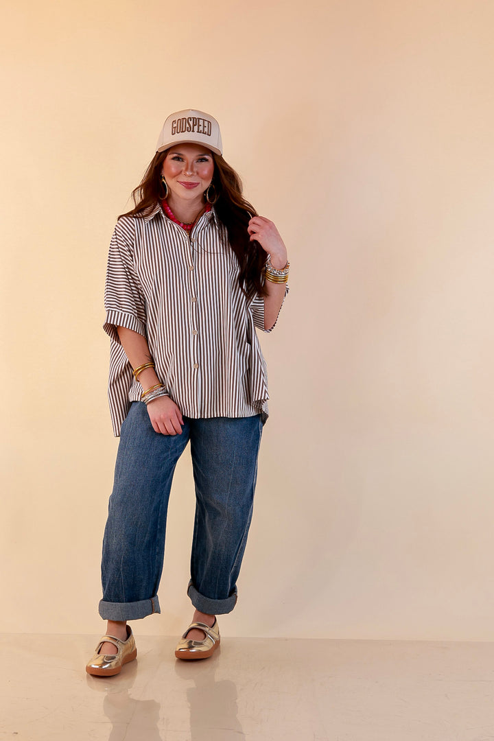 Perfectly Aligned Button Down Collared Top with Vertical Ivory Stripe Detail in Taupe Brown
