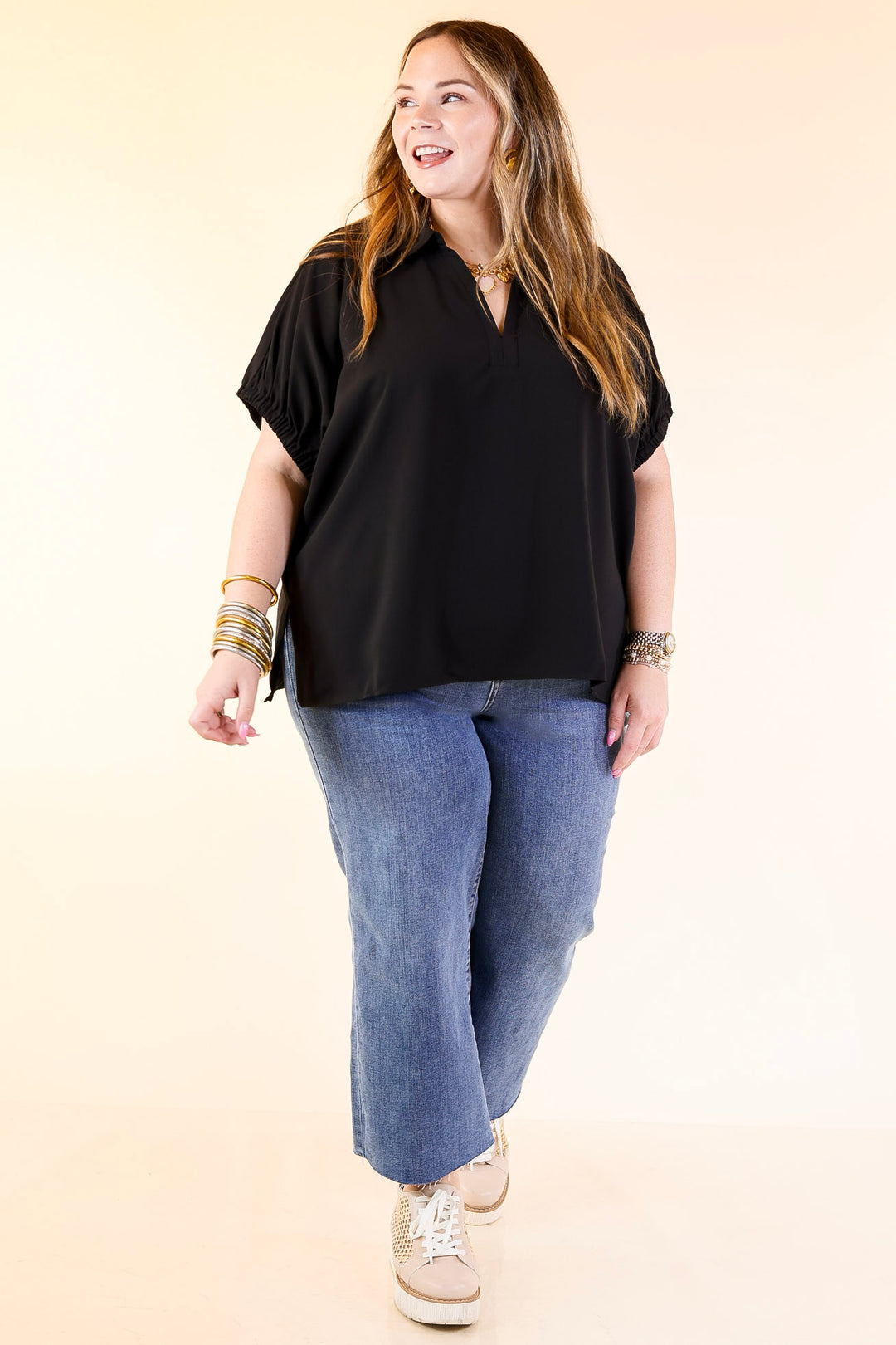 Fresh Start Collared V-Neck Blouse With Drop Shoulder in Black