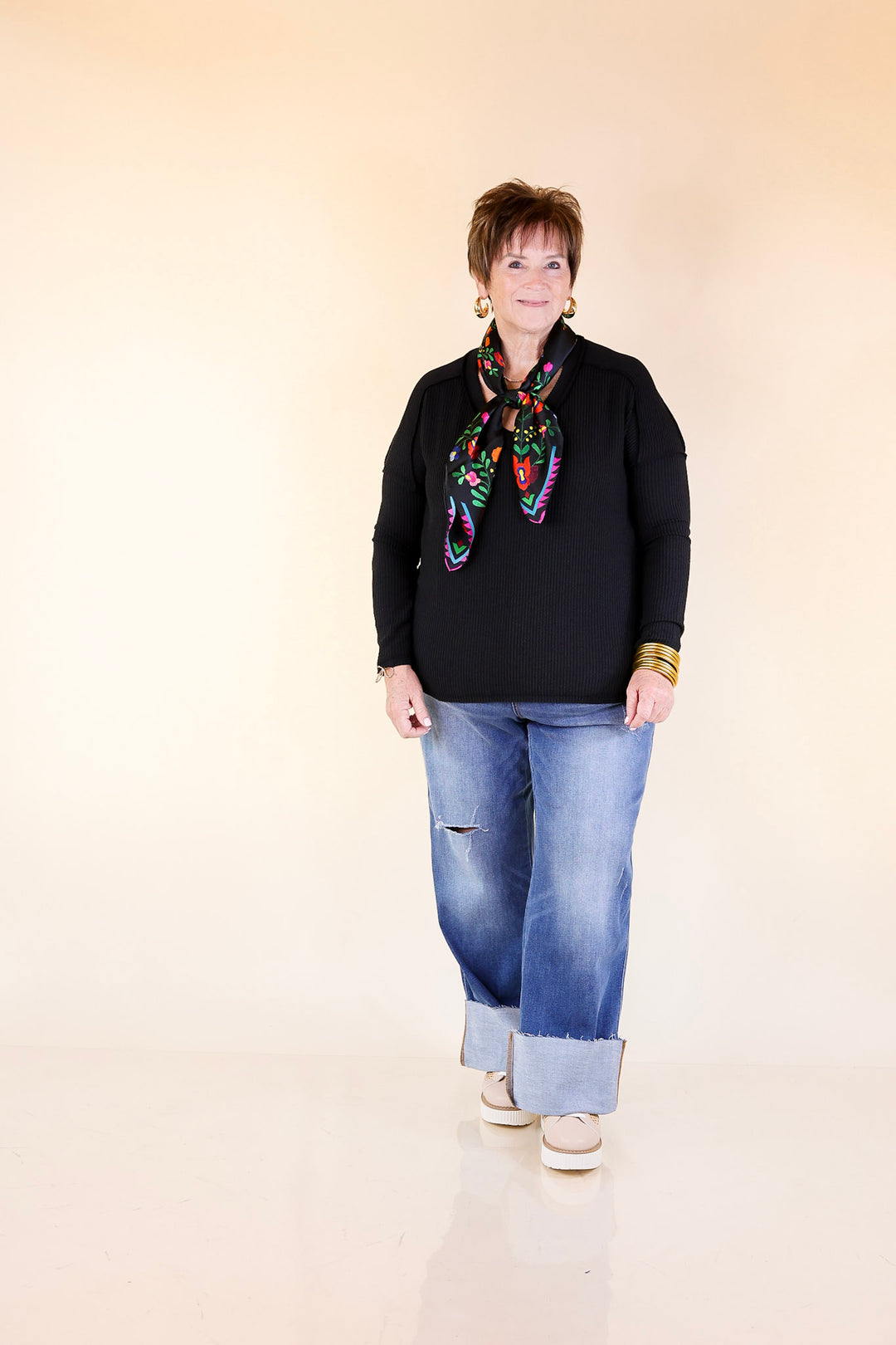 Daily Perfection V-Neck Long Sleeve Ribbed Top in Black