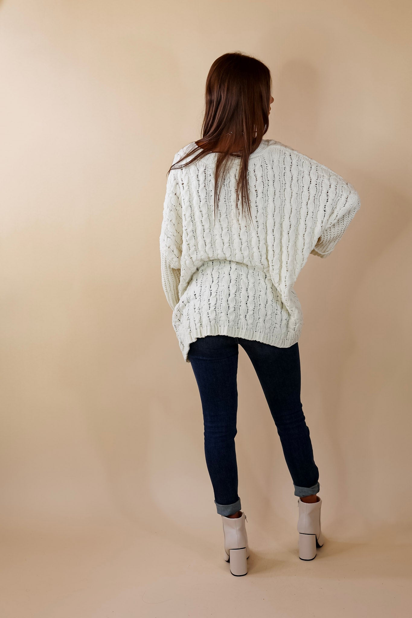 On My Level Chenille Cable Knit Open Front Cardigan in Ivory - Giddy Up Glamour Boutique