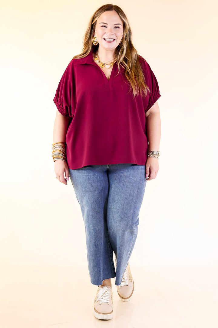Fresh Start Collared V-Neck Blouse With Drop Shoulder in Maroon