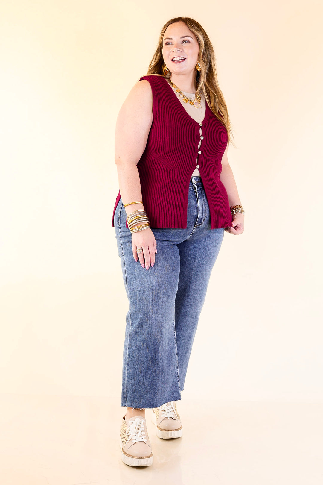 Sharp and Chic Button Front Ribbed Knit Sweater Vest in Maroon