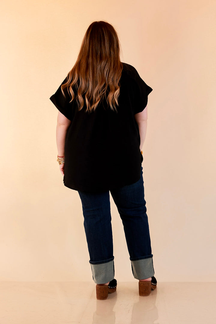 Timeless Appeal Woven Airflow Button Front Top with Rolled Cuff Short Sleeves and Front Pocket in Black