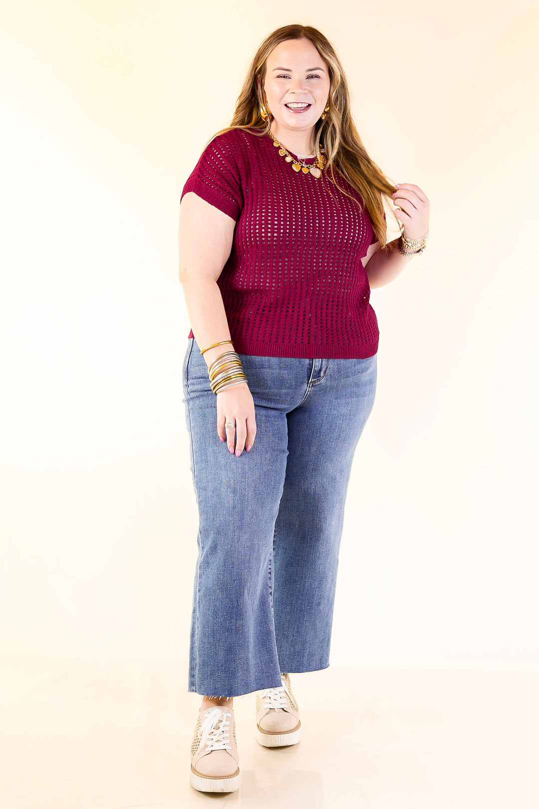 Breezy Intentions Open Knit Short Sleeve Sweater in Maroon