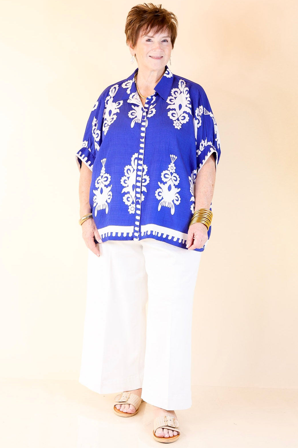 Classic Perfection Damask Print Button Up Collared Blouse in Royal Blue