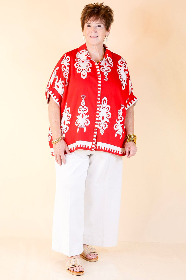 Classic Perfection Damask Print Button Up Collared Blouse in Red