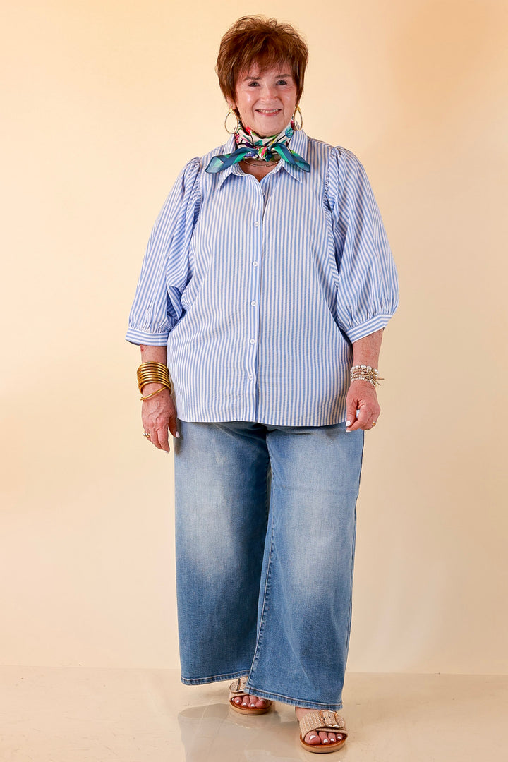 Crisp and Collected Stripe Button Front Collared Top with Puff Short Sleeves in Blue and White
