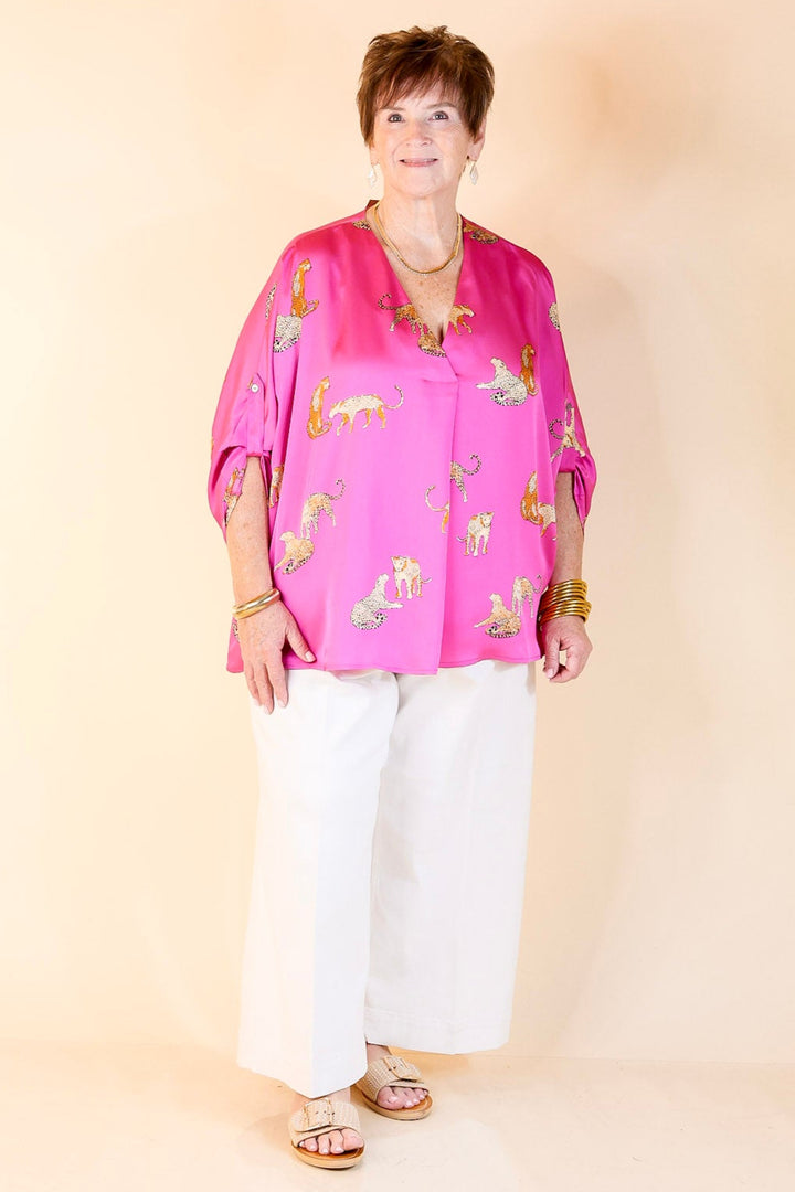Staying Wild V-Neck Leopard Print 3/4 Sleeve Blouse in Hot Pink