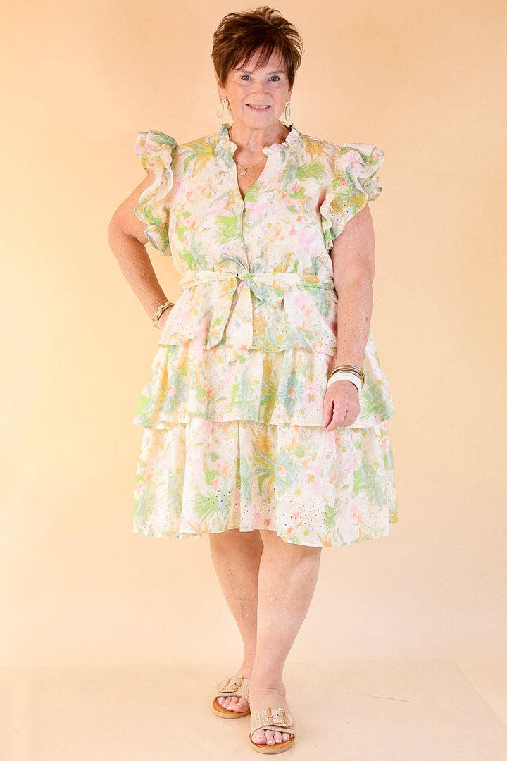 Blooming in Bows Floral Dress with Bow Cinched Waist in Green Multi Color