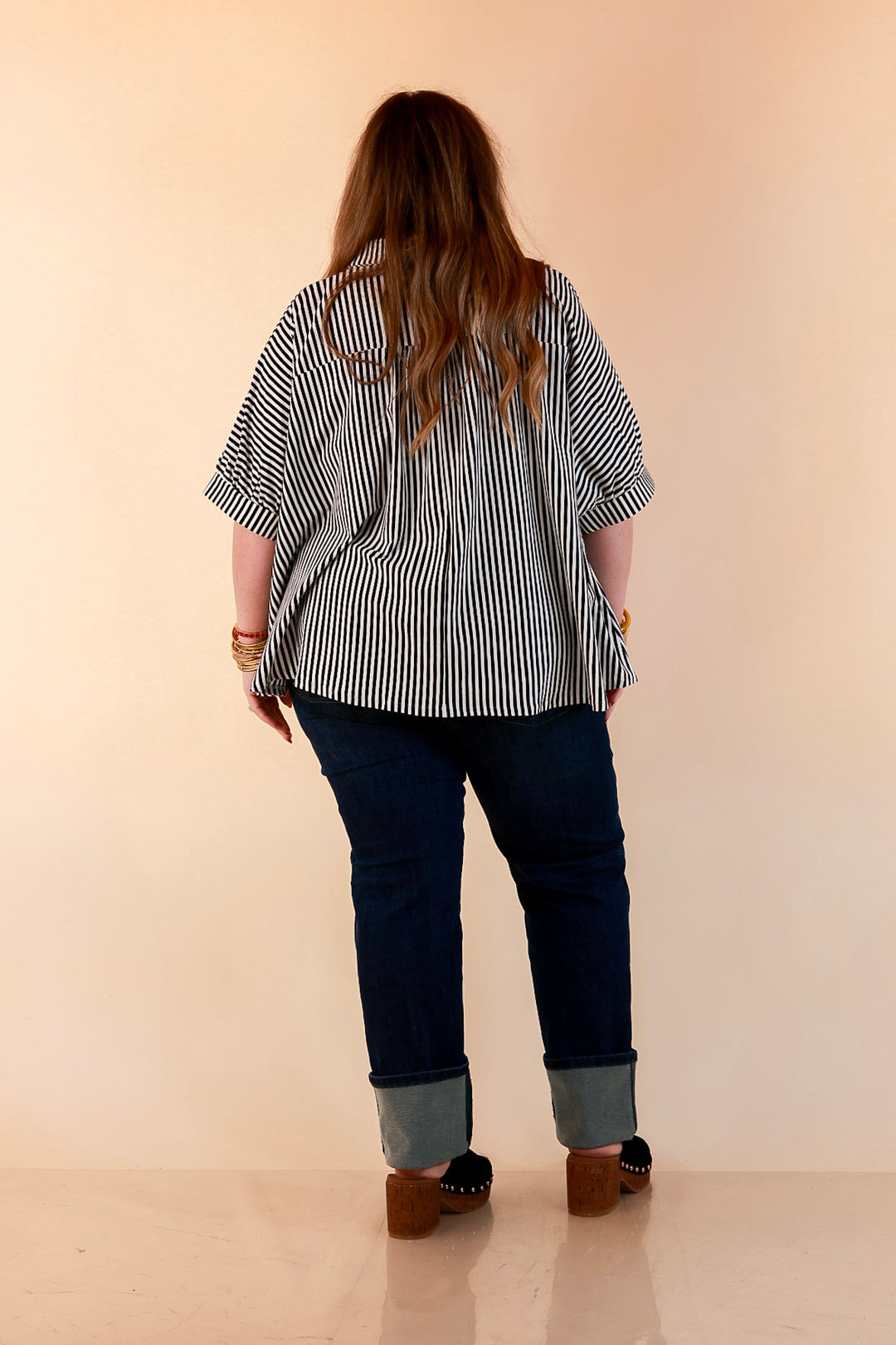 Perfectly Aligned Button Down Collared Top with Vertical Ivory Stripe Detail in Black
