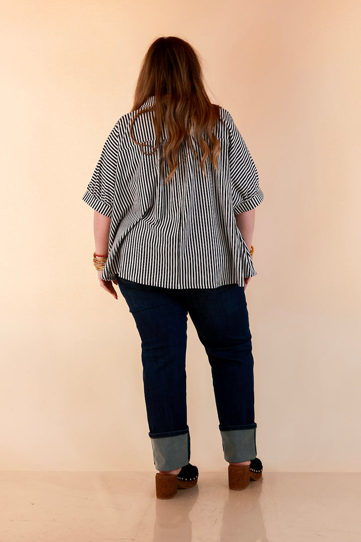 Perfectly Aligned Button Down Collared Top with Vertical Ivory Stripe Detail in Black