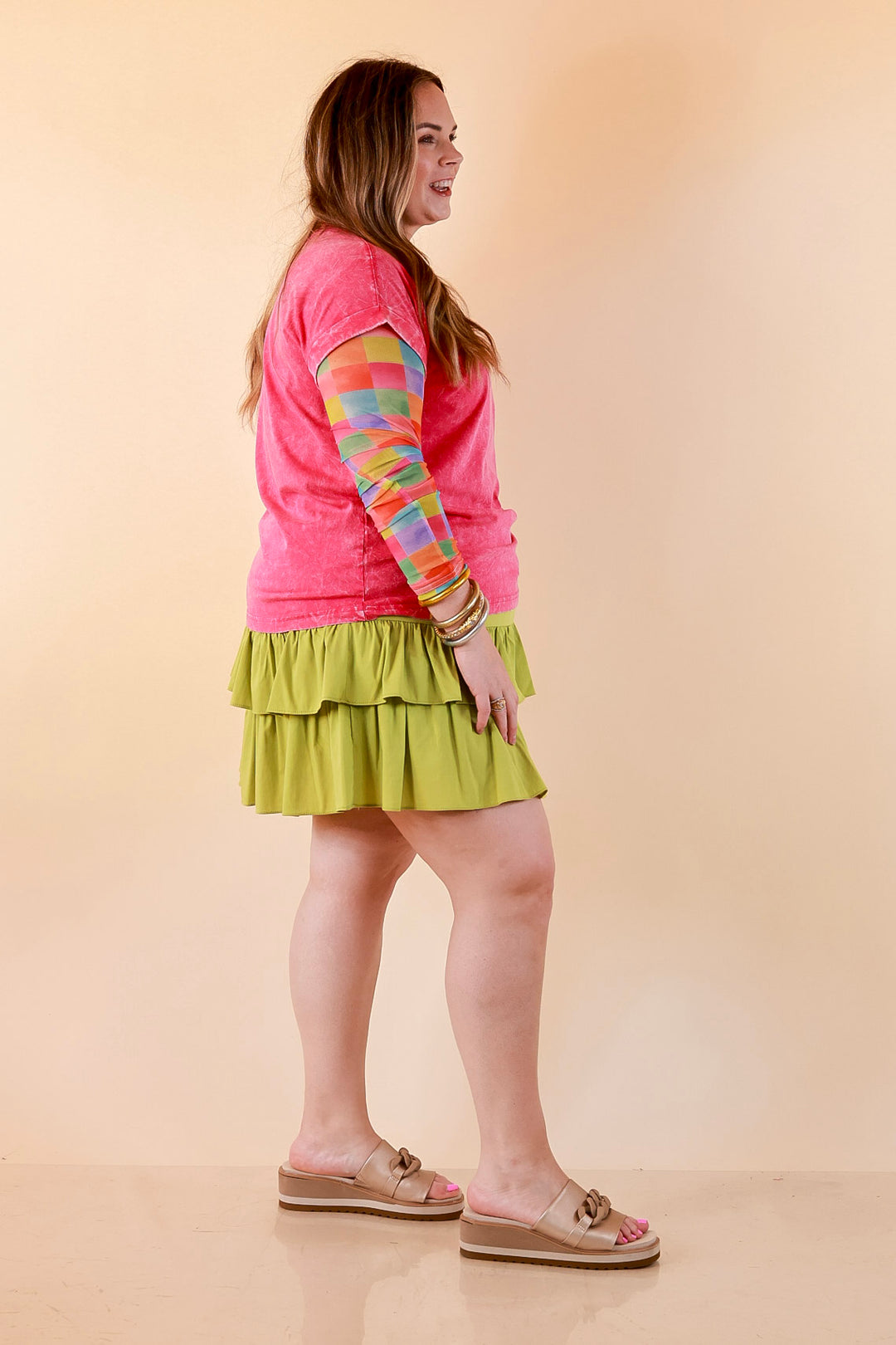 The Essential Layer Watercolor Checkered Print Sheer Mesh Long Sleeve Top in Multicolor