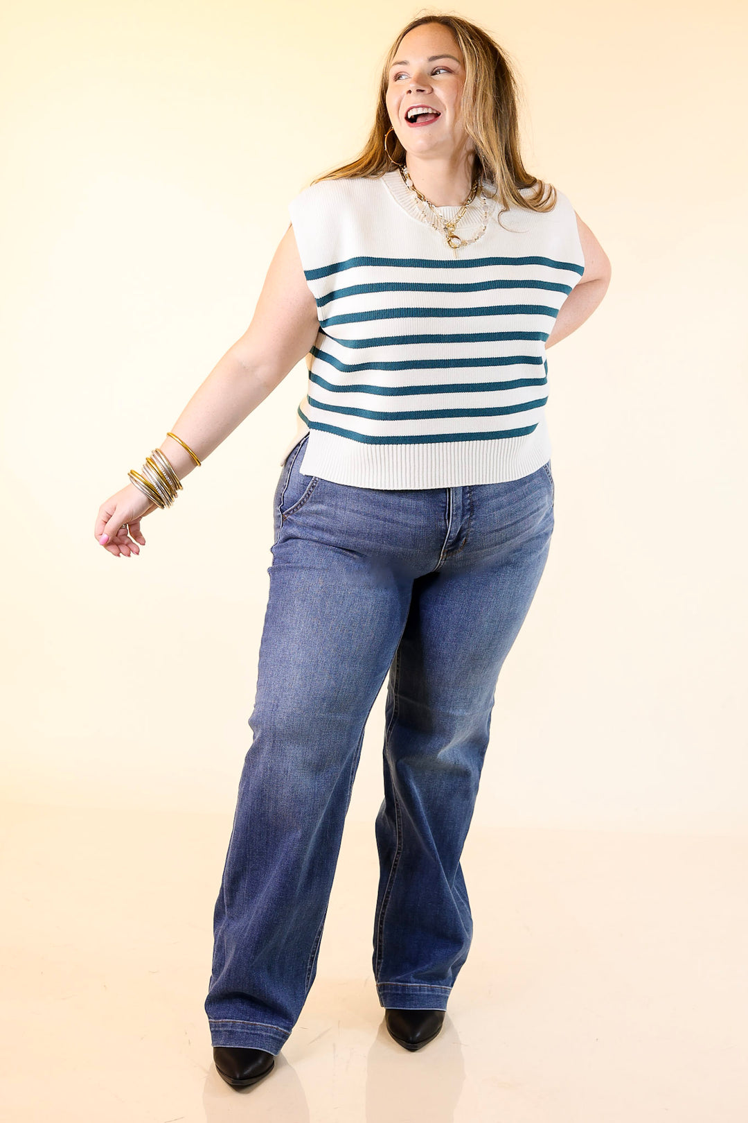 Stripe Things Up Drop Shoulder Knit Sweater in White with Teal Blue Stripes