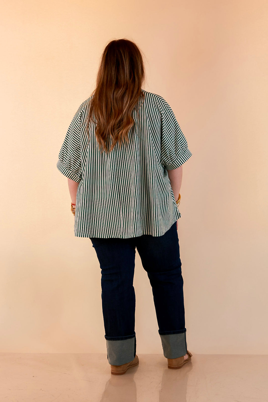 Perfectly Aligned Button Down Collared Top with Vertical Ivory Stripe Detail in Forest Green