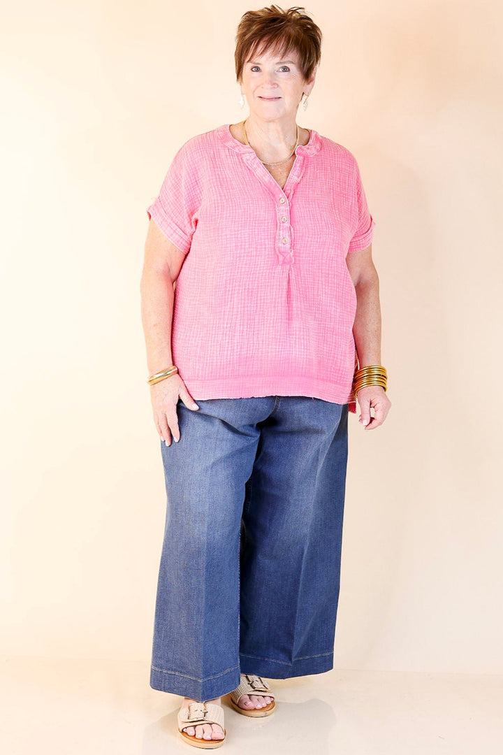 Simple Statement Quarter Button Up Short Drop Sleeve Shirt in Pink