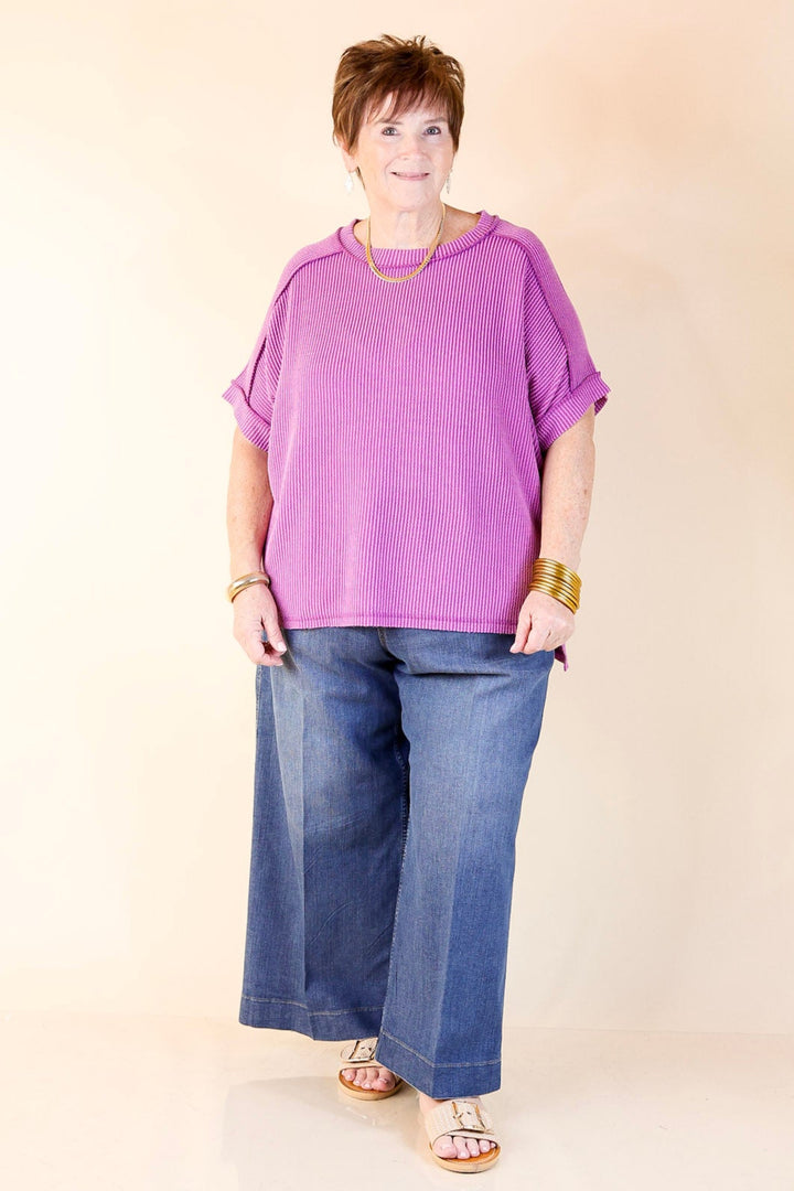 Daily Perfection Scoop Neck Short Sleeve Ribbed Top in Purple