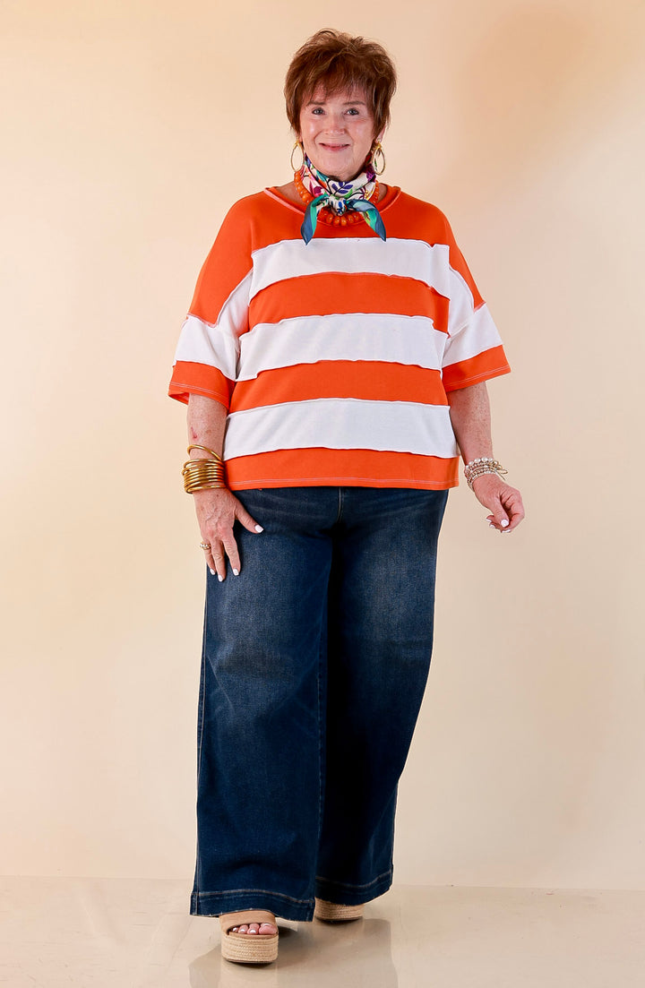 Simply Styled Color Block Rugby Style Relaxed Short Sleeve Top in Orange