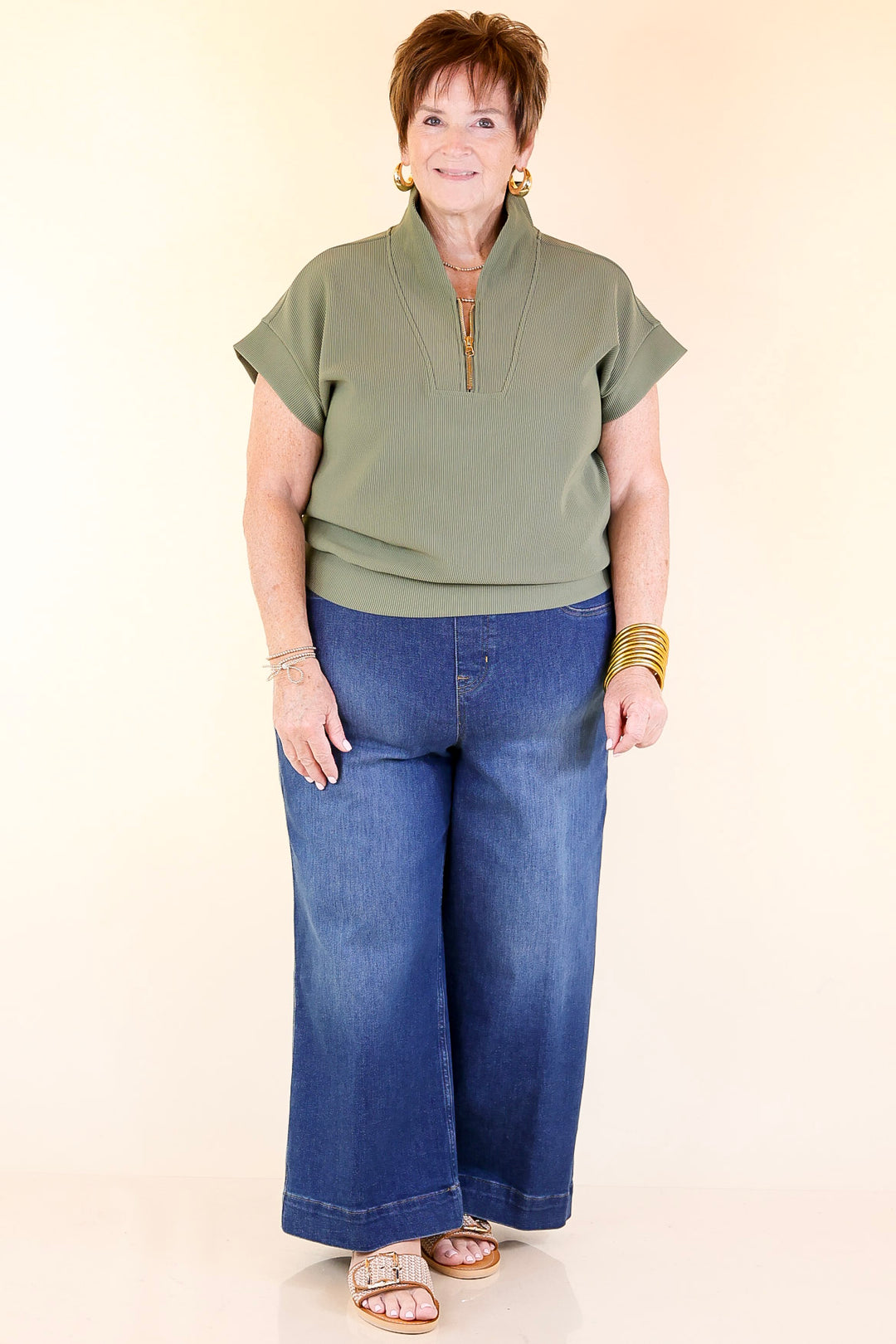 Top Priority Half Zip Collared Ribbed Top in Olive Green