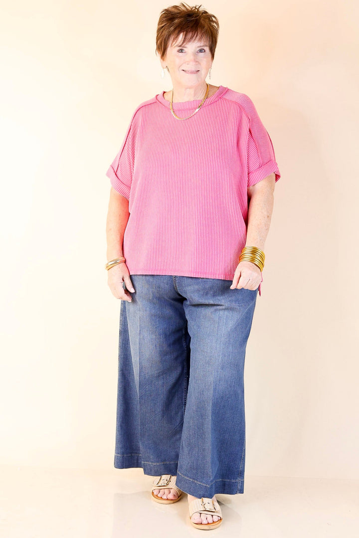 Daily Perfection Scoop Neck Short Sleeve Ribbed Top in Candy Pink