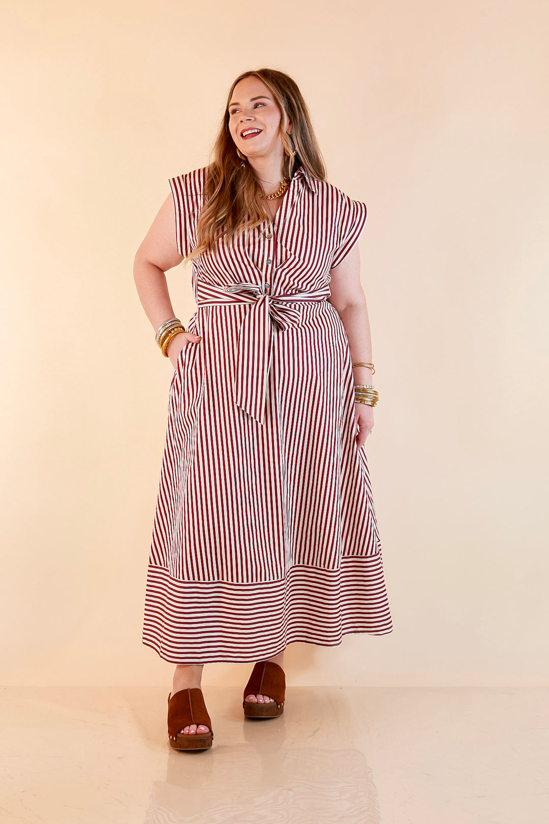 In Good Standing Striped Tie Waist Button Down Midi Dress in Maroon and Ivory