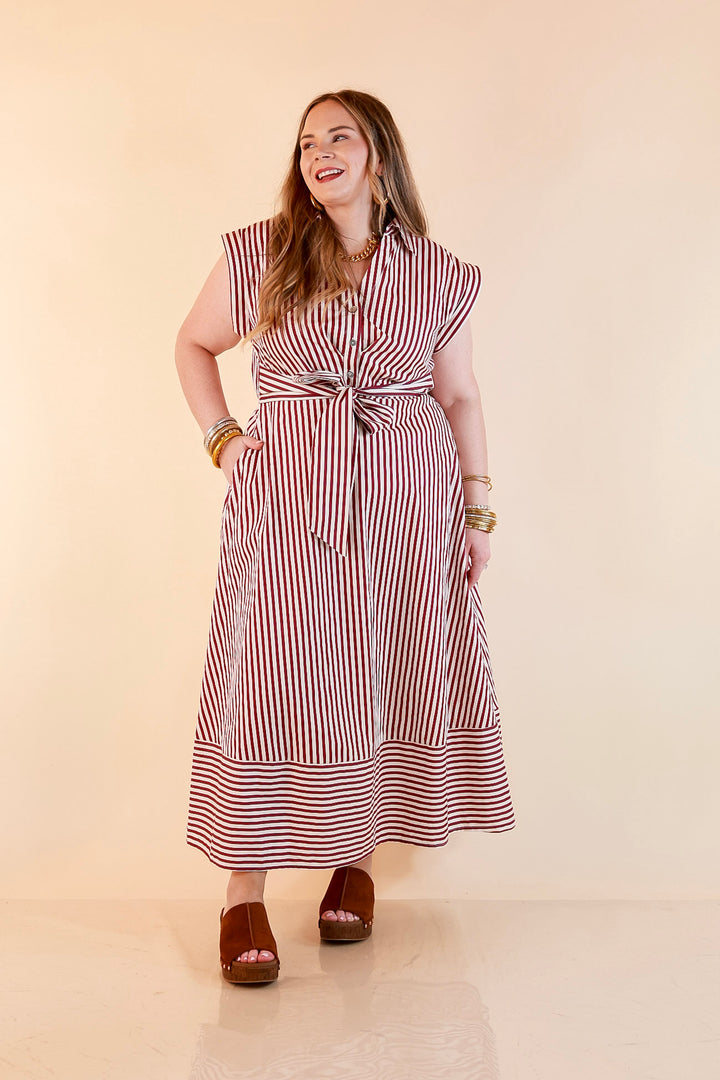 In Good Standing Striped Tie Waist Button Down Midi Dress in Maroon and Ivory