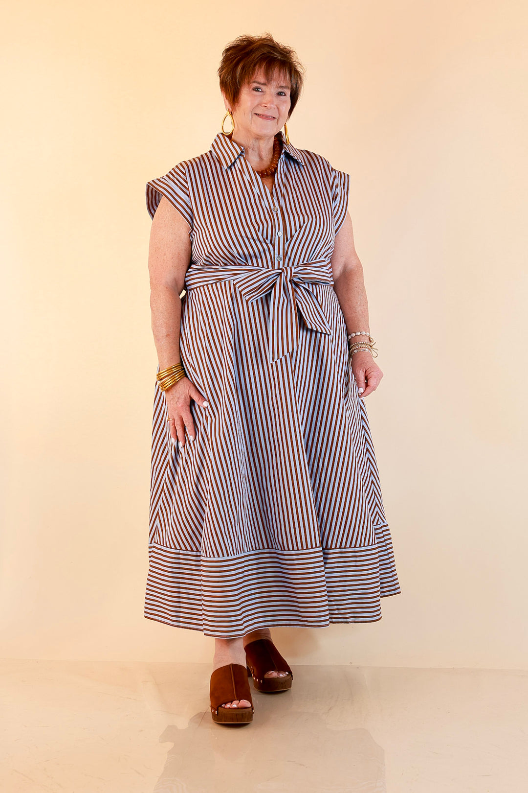 In Good Standing Striped Tie Waist Button Down Midi Dress in Blue and Brown