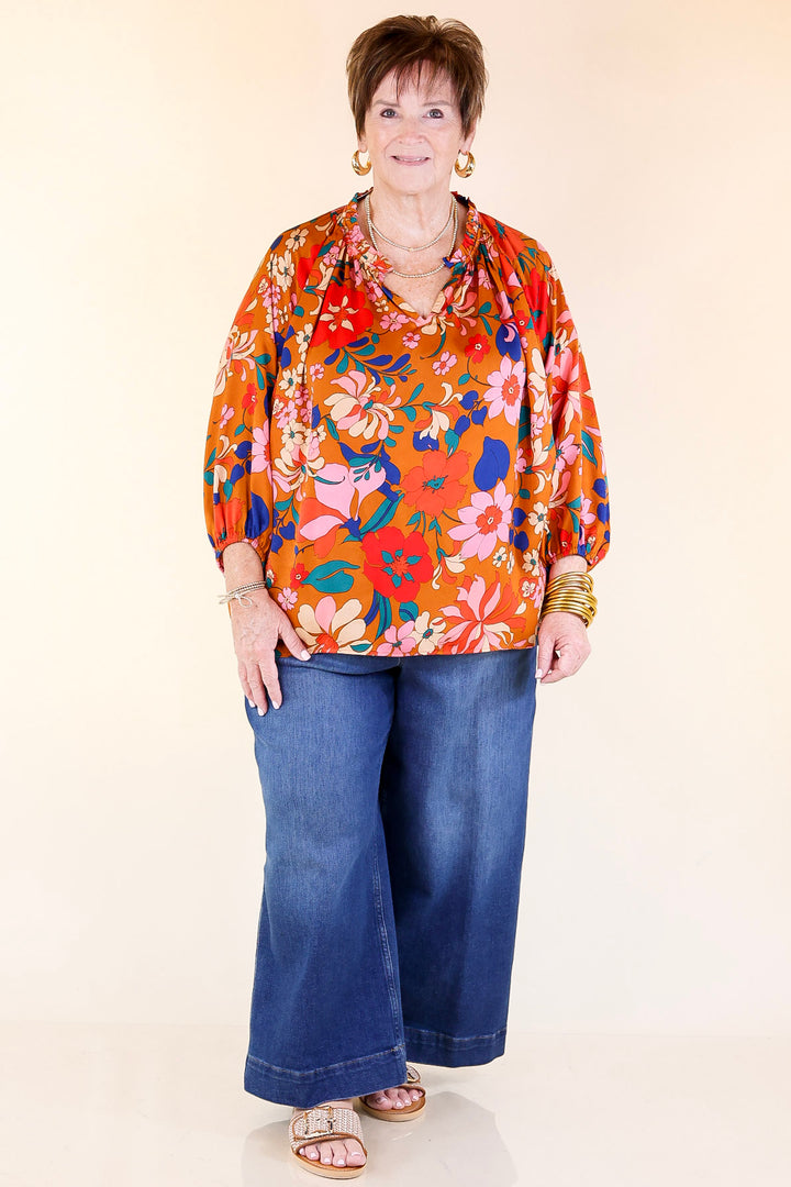 Falling For Floral 3/4 Sleeve Top with Notched Neck in Camel Brown