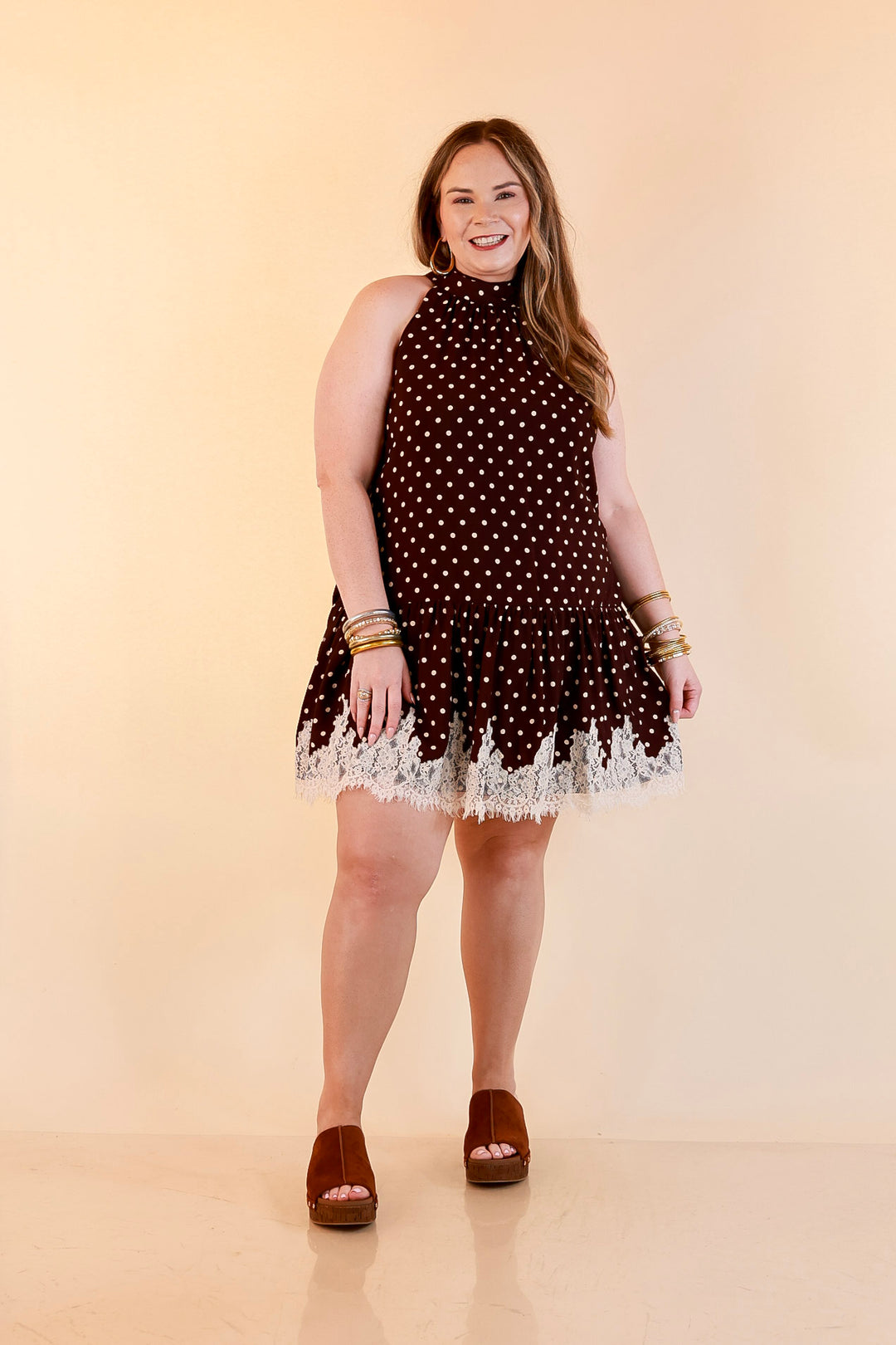 Something to Love Polka Dot Lace Trim Halter Dress in Chocolate Brown and Ivory