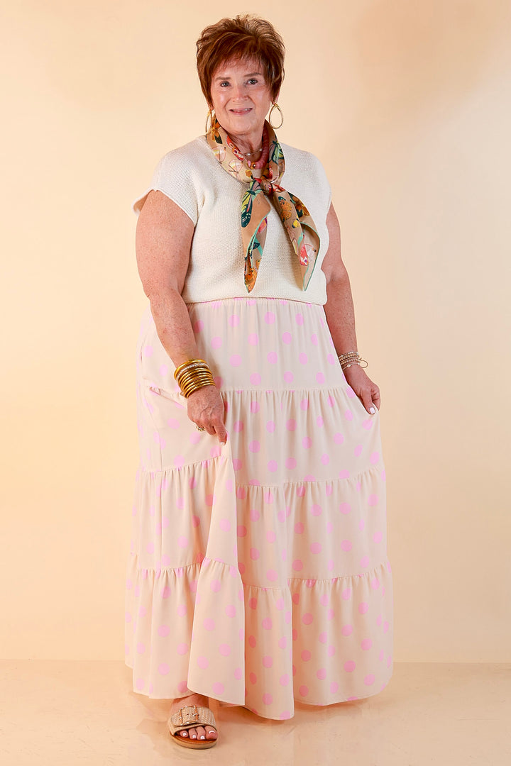 Sweet Spot Polka Dot Print Tiered Maxi Skirt with Elastic Waistband in Cream and Pink