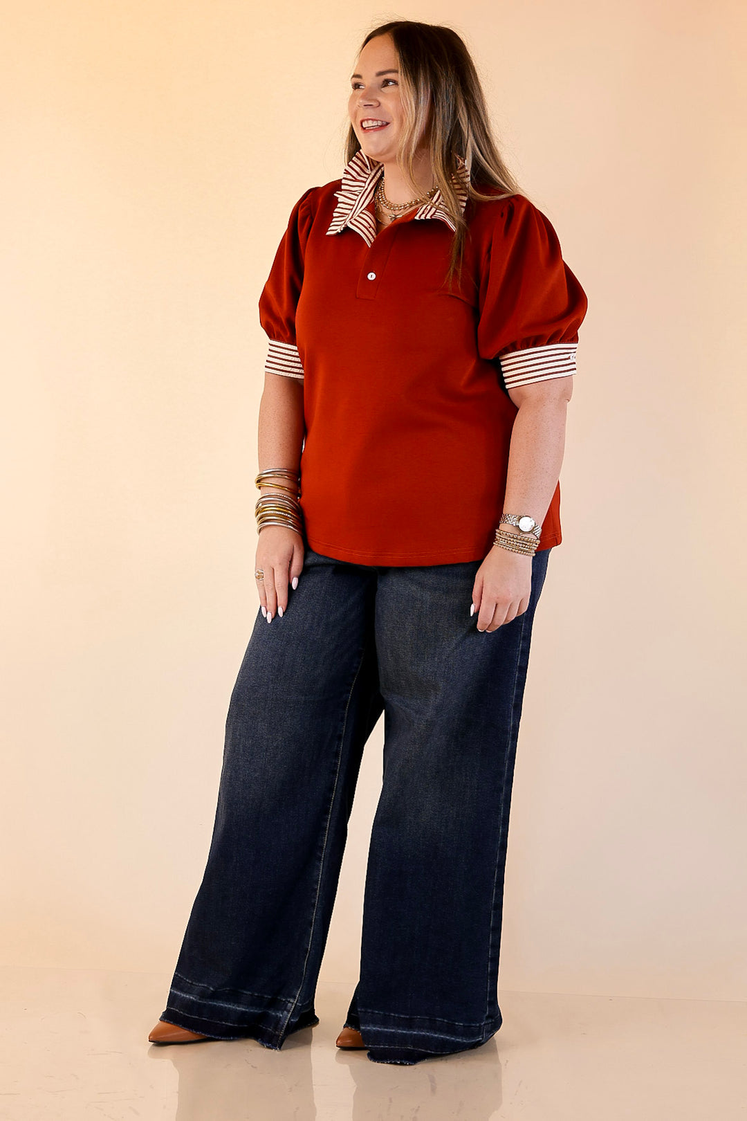 Refined Edge Short Puff Sleeve Top with Striped Collar in Rust Orange