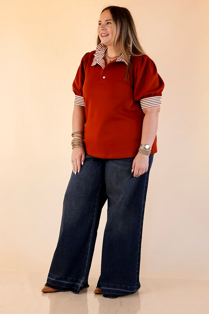 Refined Edge Short Puff Sleeve Top with Striped Collar in Rust Orange