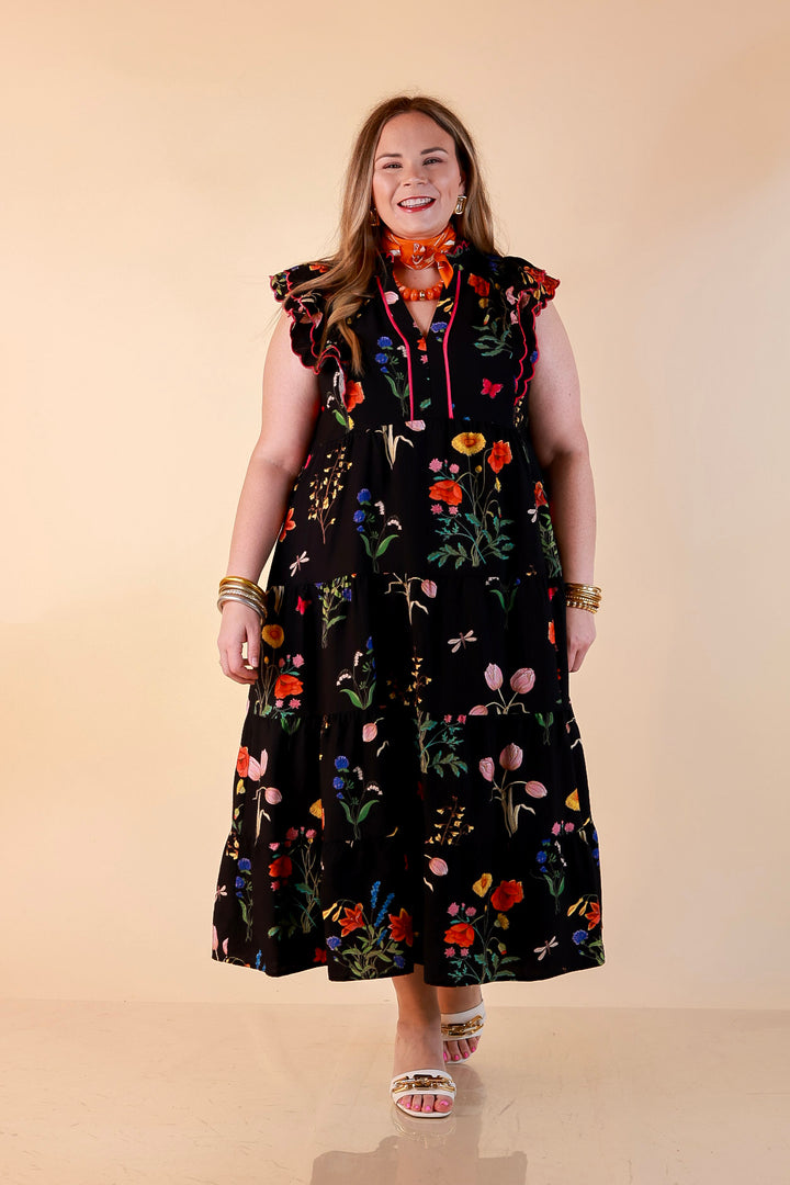 Flourishing Charm Floral Ruffle Cap Sleeve Tiered Midi Dress in Black