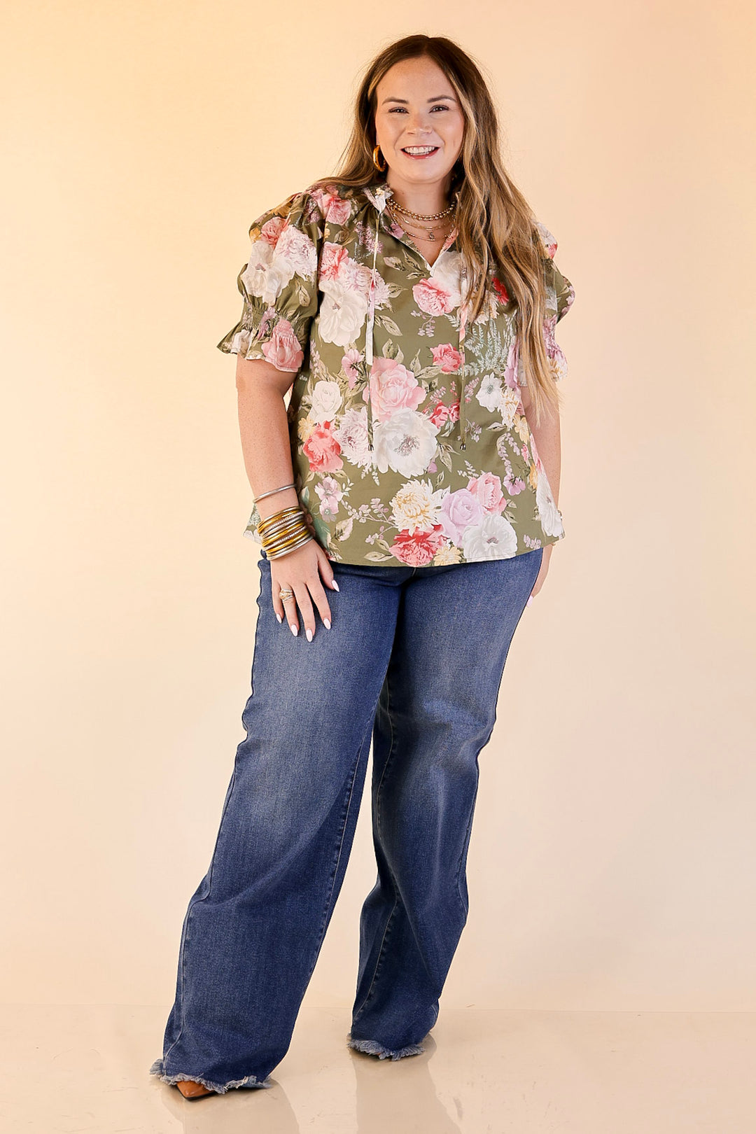 Freshly Picked Floral Print Top with Short Puff Sleeves in Olive Green