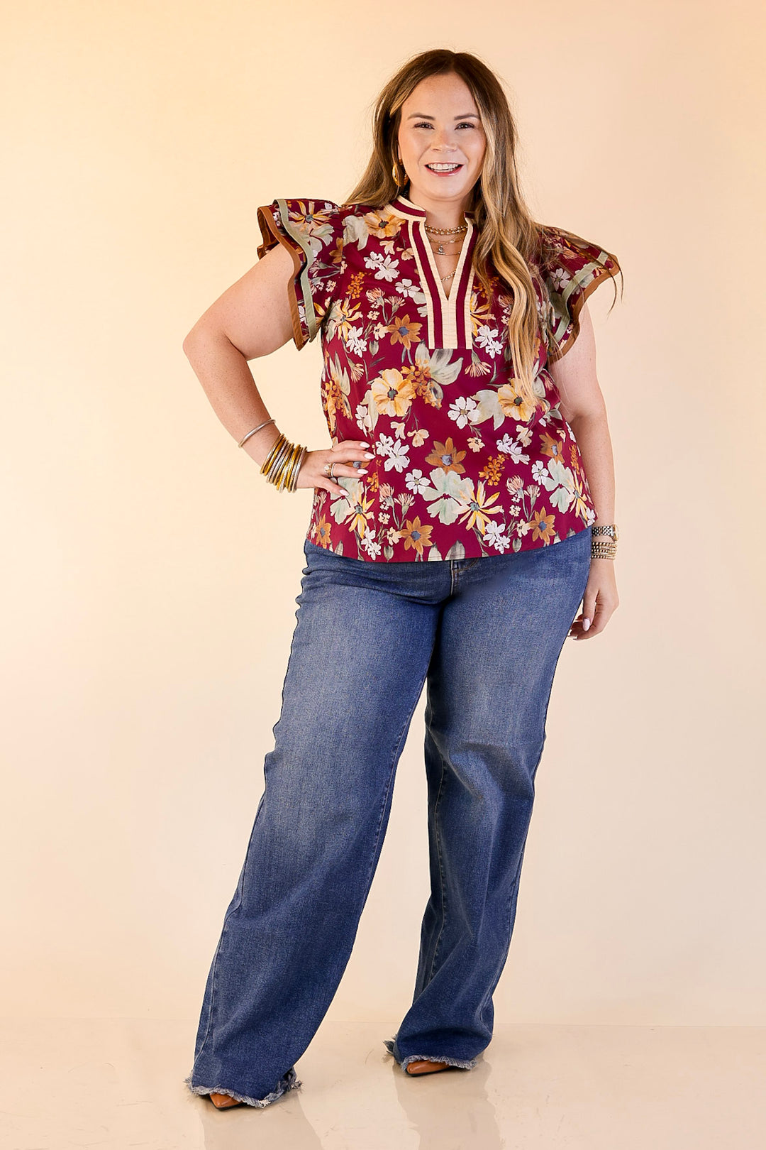 Fresh Perspective V Neck Floral Top with Ruffle Cap Sleeves in Maroon