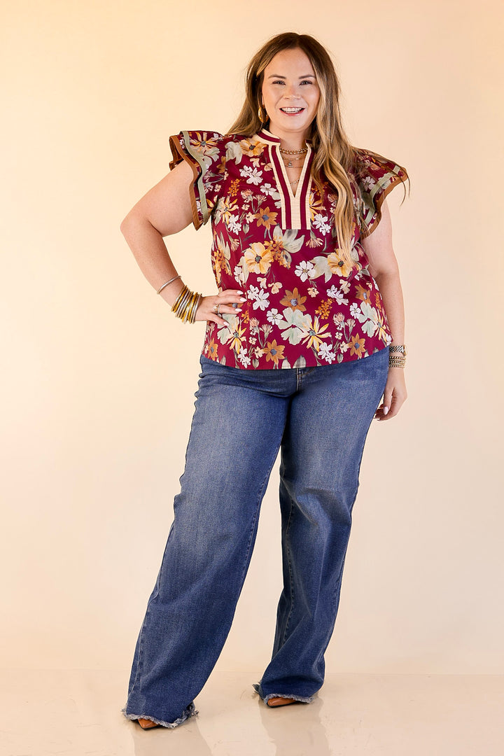 Fresh Perspective V Neck Floral Top with Ruffle Cap Sleeves in Maroon