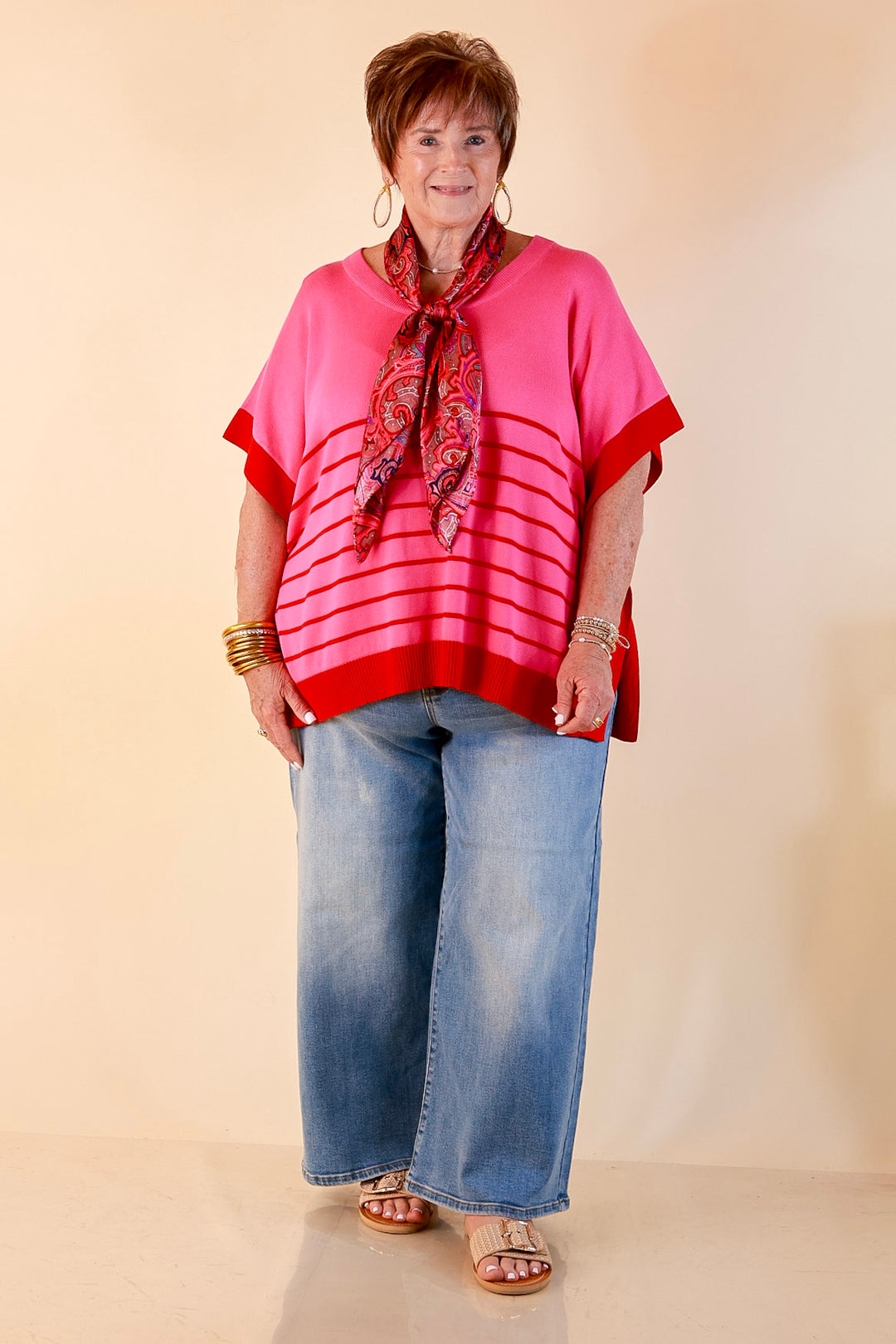 Casual to Chic Short Sleeve Striped Poncho Top in Pink and Red