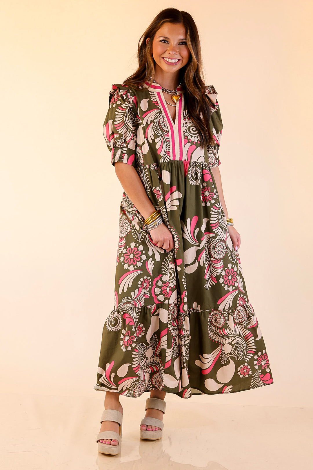 Midi Dress with Puff Sleeves and Tiered Skirt in Olive with Pink Giddy Up Glamour Boutique Midi Dress with Puff Sleeves and Tiered Skirt in Olive with Pink Giddy Up Glamour Boutique