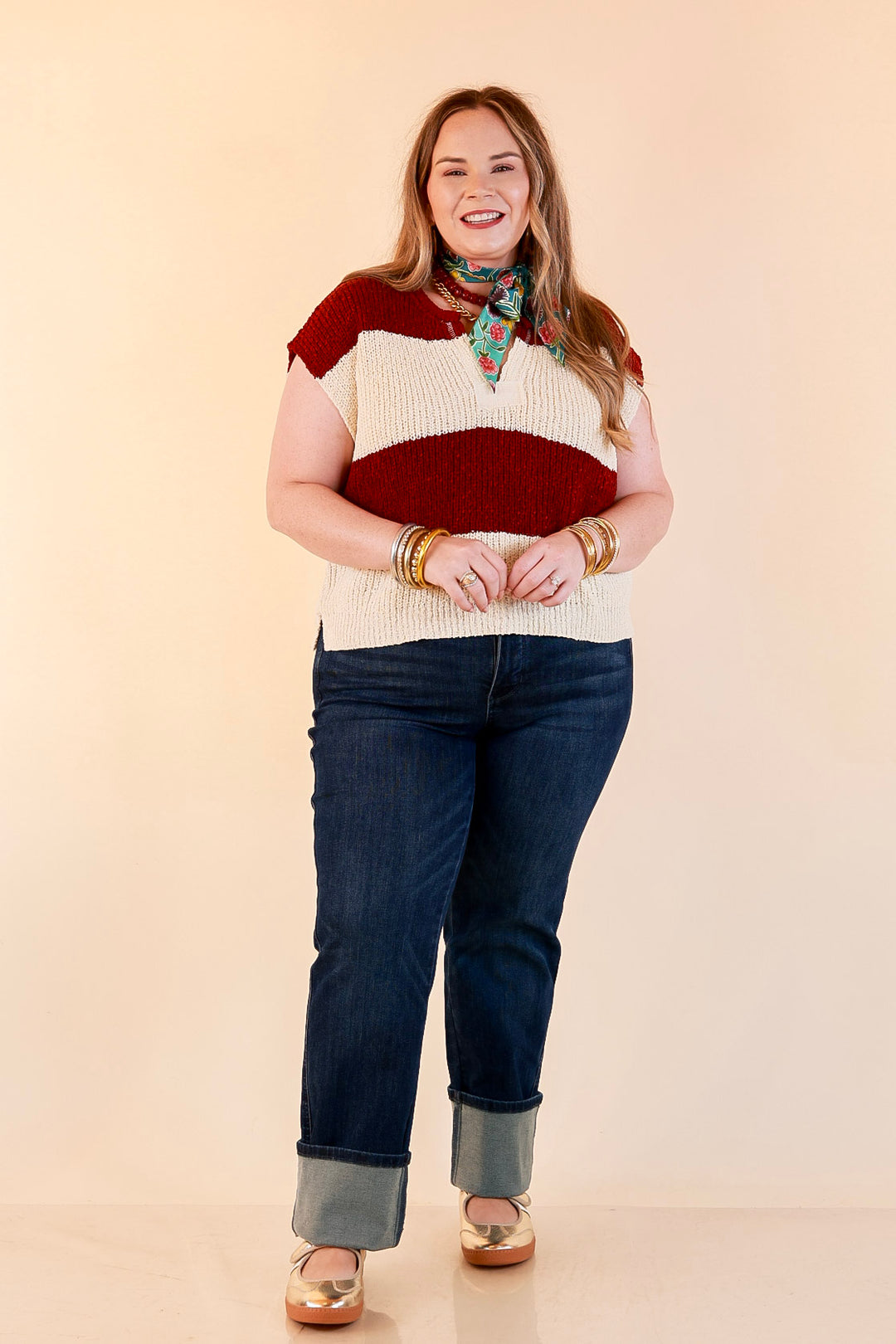 The Style Standard Striped Sleeveless Sweater Knit Top in Burgundy and Ivory